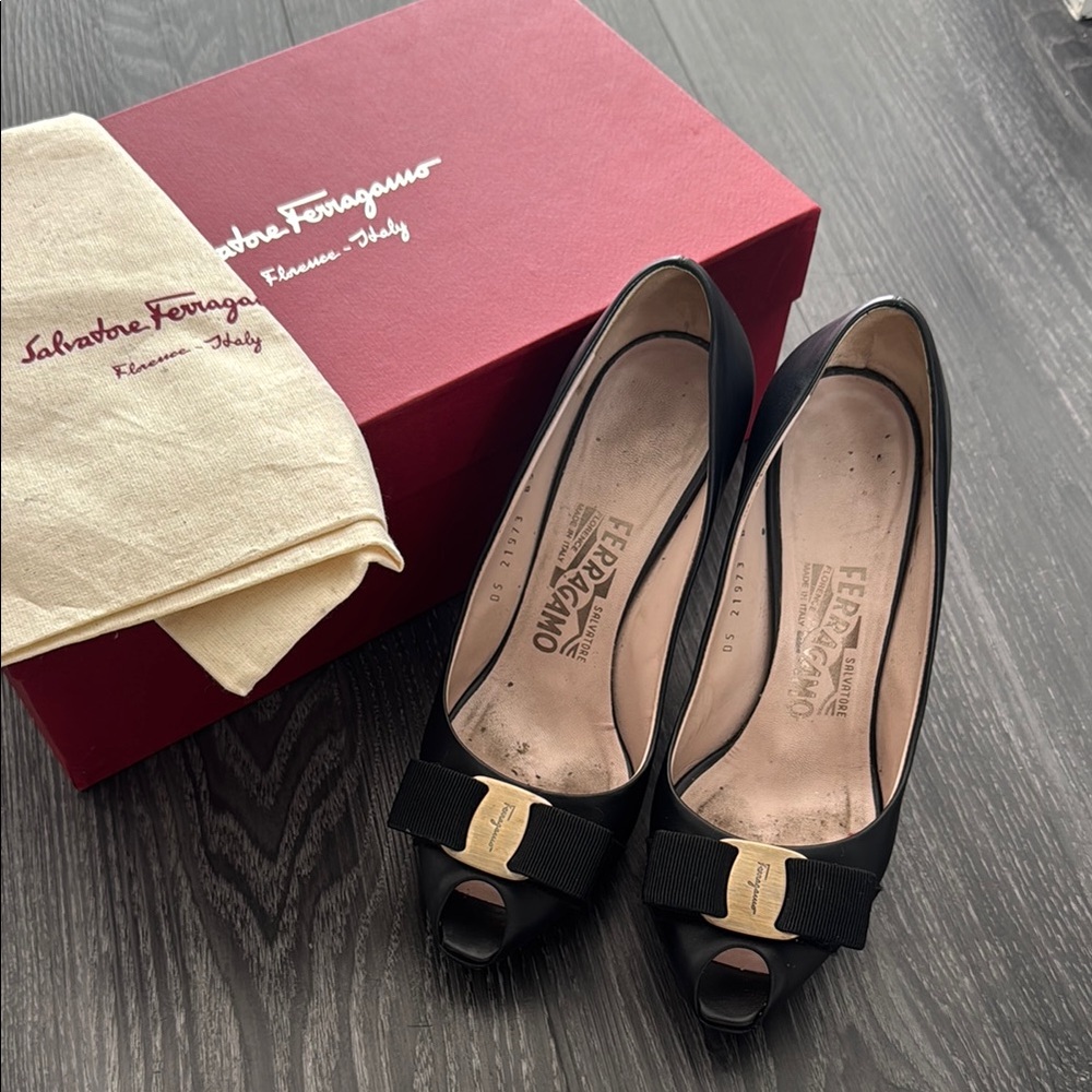 Salvatore Ferragamo Women's Black Peep Toe Flats